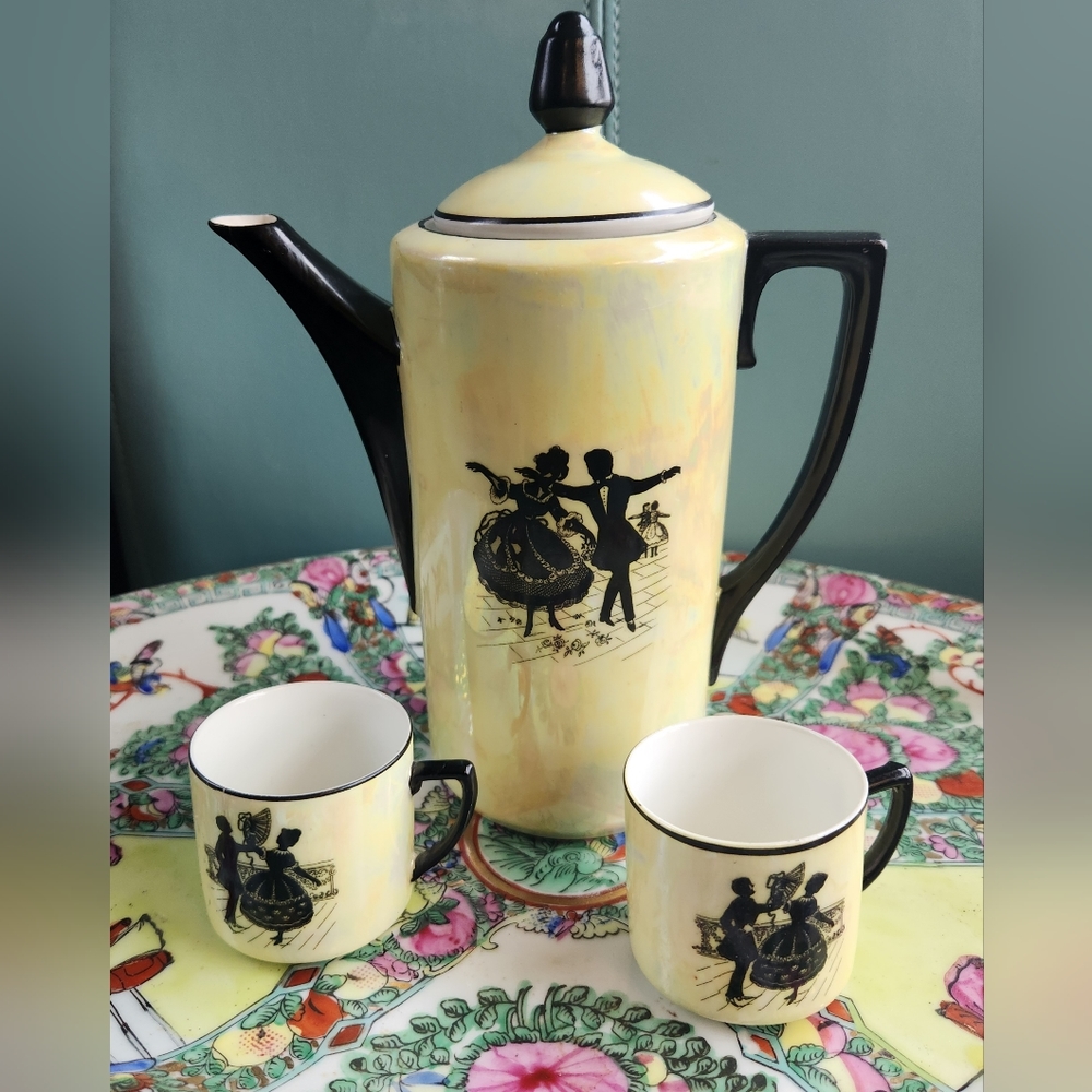 40s Kitsch Silhouette Dancers in Black Hand Painted Glazed 2 Demi Cups & Teapot